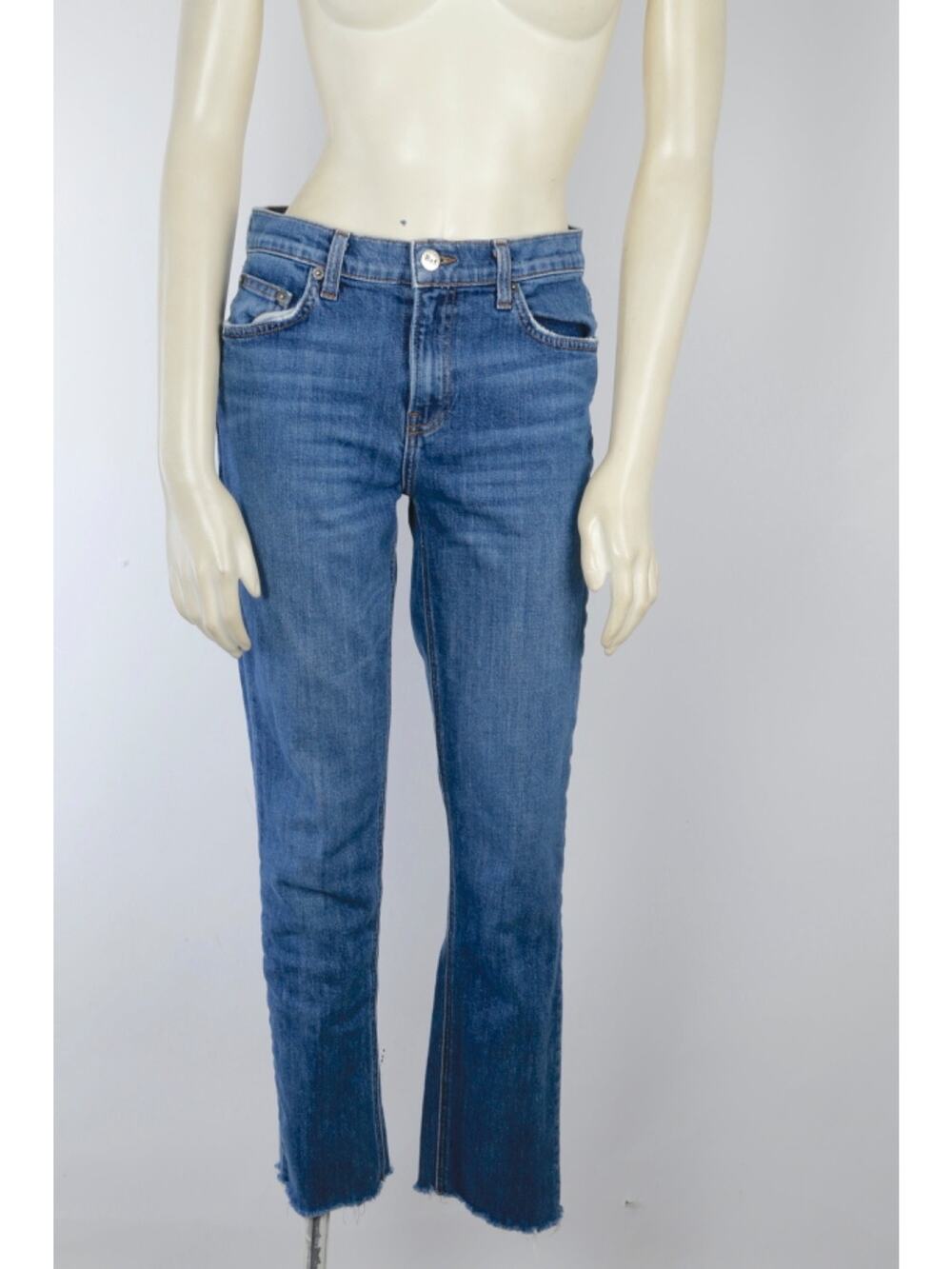 Reformation Jeans 27 Mid Rise Slim Straight Raw Hem Medium Wash Blue Cropped